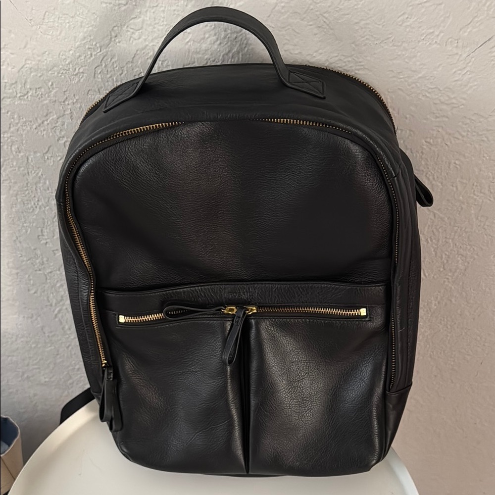 Black Leather Backpack with Gold Accents